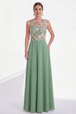 Robe longue longue de la mariée verte fleurie en ligne A, à col rond, avec des manches courtes