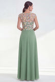 Robe longue longue de la mariée verte fleurie en ligne A, à col rond, avec des manches courtes