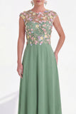 Robe longue longue de la mariée verte fleurie en ligne A, à col rond, avec des manches courtes