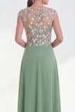 Robe longue longue de la mariée verte fleurie en ligne A, à col rond, avec des manches courtes