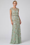 Robe longue de mère de la mariée à col rond à col rond en sirène fleurie verte