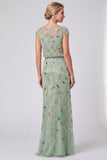 Robe longue de mère de la mariée à col rond à col rond en sirène fleurie verte