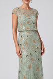 Robe longue de mère de la mariée à col rond à col rond en sirène fleurie verte