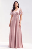Robe longue maman de la mariée en satin rose gris à col en V à col en V avec manches courtes