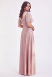 Robe longue maman de la mariée en satin rose gris à col en V à col en V avec manches courtes
