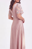 Robe longue maman de la mariée en satin rose gris à col en V à col en V avec manches courtes