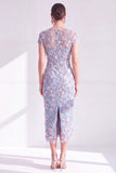 Robe de la mariée à col rond bleue à col rond appliquée midi avec fente