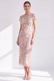 Robe de la mariée à col rond bleue à col rond appliquée midi avec fente
