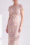 Robe de la mariée à col rond bleue à col rond appliquée midi avec fente