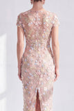 Robe de la mariée à col rond bleue à col rond appliquée midi avec fente