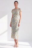 Robe de la mariée à col rond bleue à col rond appliquée midi avec fente