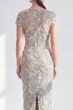 Robe de la mariée à col rond bleue à col rond appliquée midi avec fente