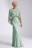 Robe longue marge de la mariée à col bateau sirène verte à col bateau florale avec manches évasées