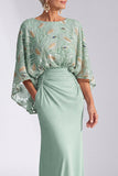 Robe longue marge de la mariée à col bateau sirène verte à col bateau florale avec manches évasées