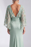 Robe longue marge de la mariée à col bateau sirène verte à col bateau florale avec manches évasées