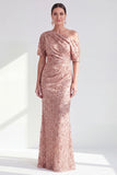 Robe de la mère de la mariée à une épaule sirène sirène champagne fleurie et froncée avec des sequins