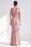 Robe de la mère de la mariée à une épaule sirène sirène champagne fleurie et froncée avec des sequins