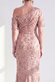 Robe de la mère de la mariée à une épaule sirène sirène champagne fleurie et froncée avec des sequins