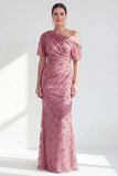 Robe de la mère de la mariée à une épaule sirène sirène champagne fleurie et froncée avec des sequins