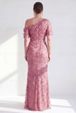 Robe de la mère de la mariée à une épaule sirène sirène champagne fleurie et froncée avec des sequins