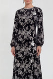 Robe midi en velours fleuri en fuchsia à manches longues