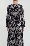 Robe midi en velours fleuri en fuchsia à manches longues