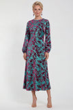 Robe midi en velours fleuri en fuchsia à manches longues