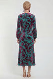 Robe midi en velours fleuri en fuchsia à manches longues