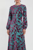 Robe midi en velours fleuri en fuchsia à manches longues