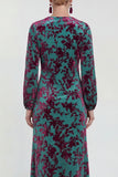 Robe midi en velours fleuri en fuchsia à manches longues