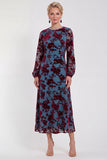 Robe midi en velours fleuri en fuchsia à manches longues