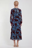 Robe midi en velours fleuri en fuchsia à manches longues