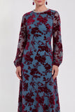 Robe midi en velours fleuri en fuchsia à manches longues