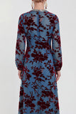 Robe midi en velours fleuri en fuchsia à manches longues