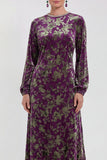 Robe midi en velours fleuri en fuchsia à manches longues