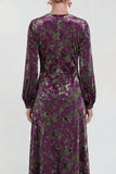 Robe midi en velours fleuri en fuchsia à manches longues