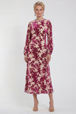 Robe midi en velours fleuri en fuchsia à manches longues