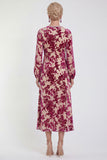 Robe midi en velours fleuri en fuchsia à manches longues
