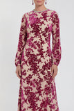 Robe midi en velours fleuri en fuchsia à manches longues