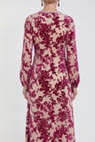 Robe midi en velours fleuri en fuchsia à manches longues
