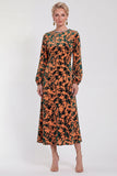 Robe midi en velours fleuri en fuchsia à manches longues