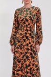 Robe midi en velours fleuri en fuchsia à manches longues