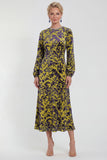Robe midi en velours fleuri en fuchsia à manches longues