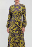 Robe midi en velours fleuri en fuchsia à manches longues