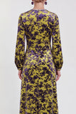 Robe midi en velours fleuri en fuchsia à manches longues