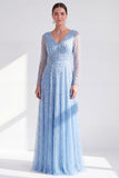 Robe longue de la mère de la mariée à manches longues violette foncée violet foncé à col en V