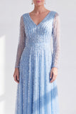 Robe longue de la mère de la mariée à manches longues violette foncée violet foncé à col en V