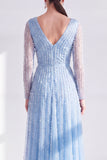Robe longue de la mère de la mariée à manches longues violette foncée violet foncé à col en V
