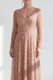 Robe longue de la mère de la mariée à manches longues violette foncée violet foncé à col en V