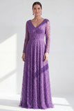 Robe longue de la mère de la mariée à manches longues violette foncée violet foncé à col en V